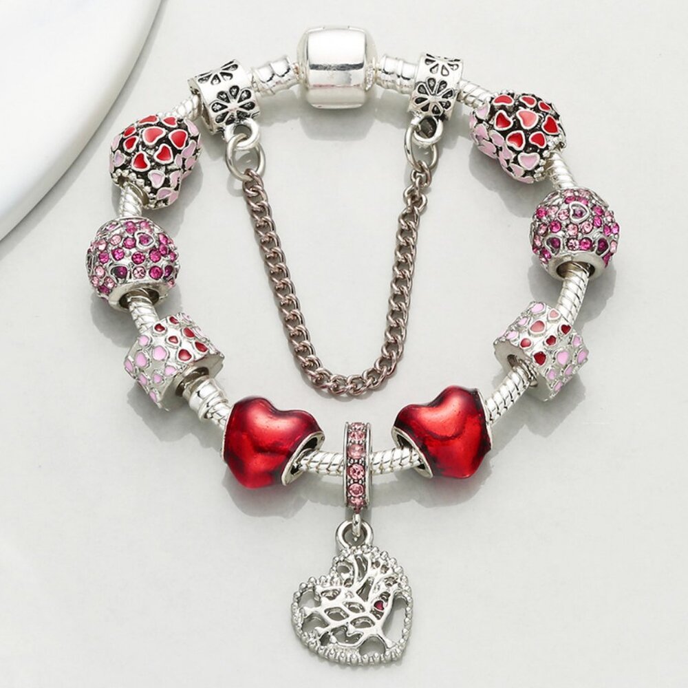 Romantic style love tree pendant red heart bracelet